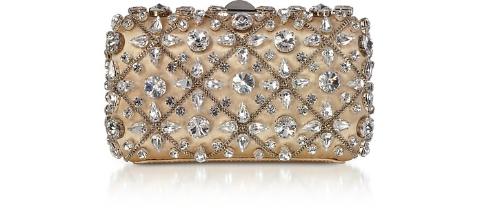 Light Gold Satin Tresor Clutch w/Crystals and Chain - Rodo