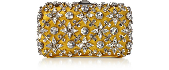 Golden Yellow Satin Clutch w/Crystals and Chain - Rodo