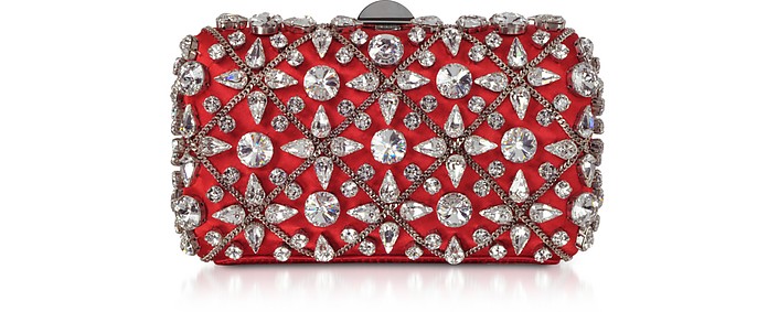 Red Satin Clutch w/Crystals and Chain - Rodo