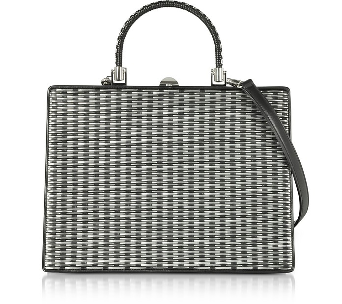 Black and Silver Woven Leather Squared Satchel Bag - Rodo