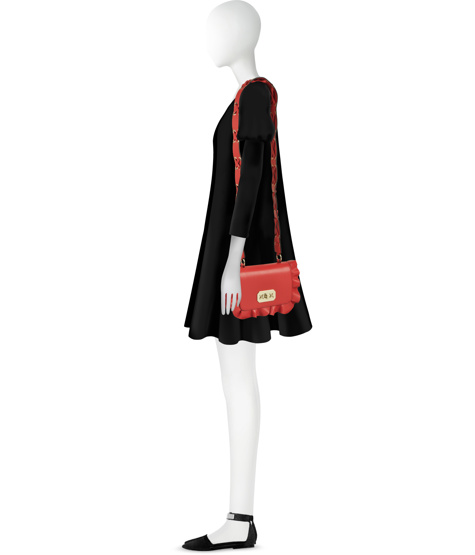 RED Valentino Flame Red Leather Ruffle Small Shoulder Bag at FORZIERI