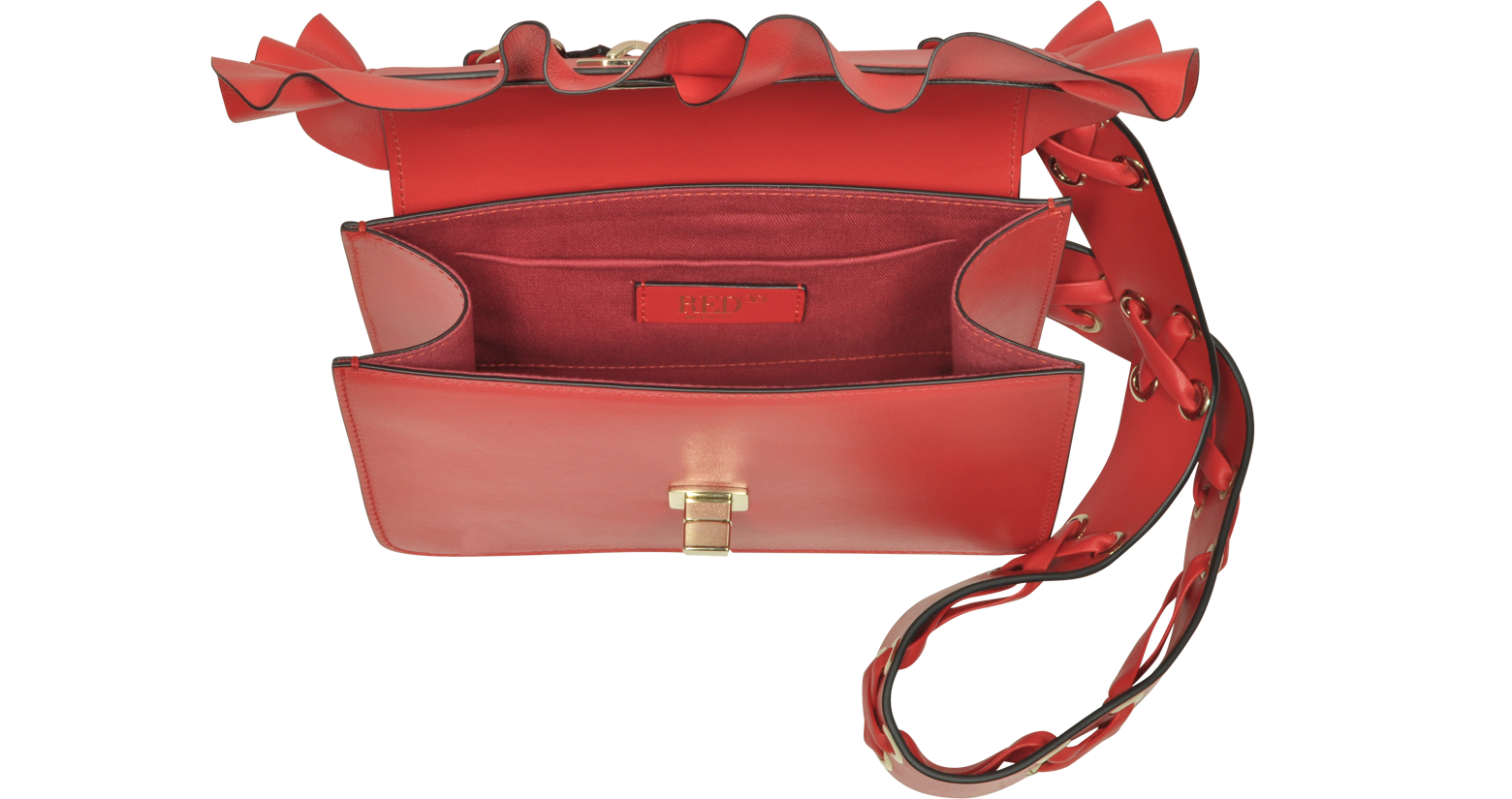 RED Valentino Butterfly Red Leather Small Ruffle Shoulder Bag