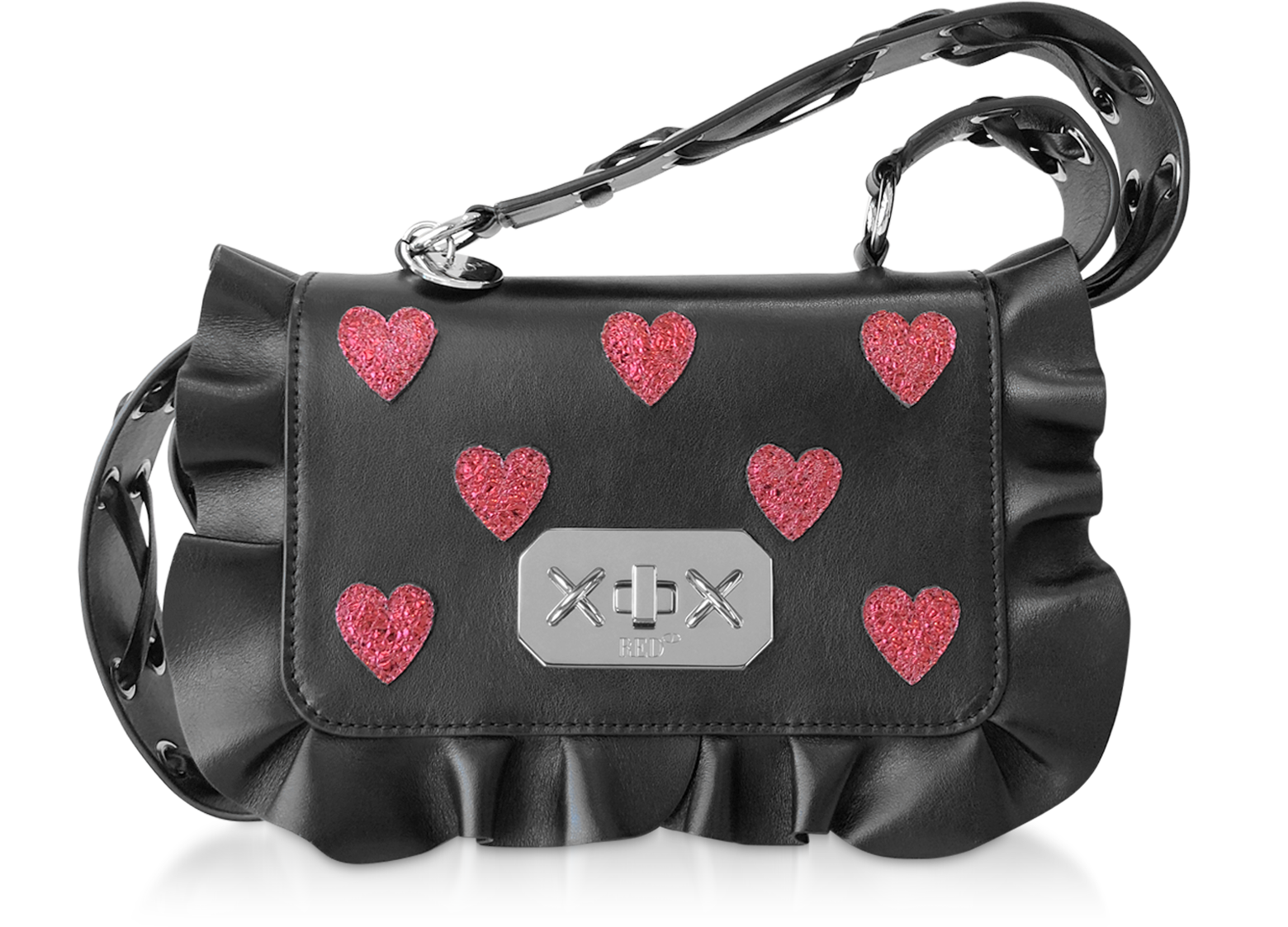 RED Valentino Red Heart Printed Leather Rock Ruffle Bag at
