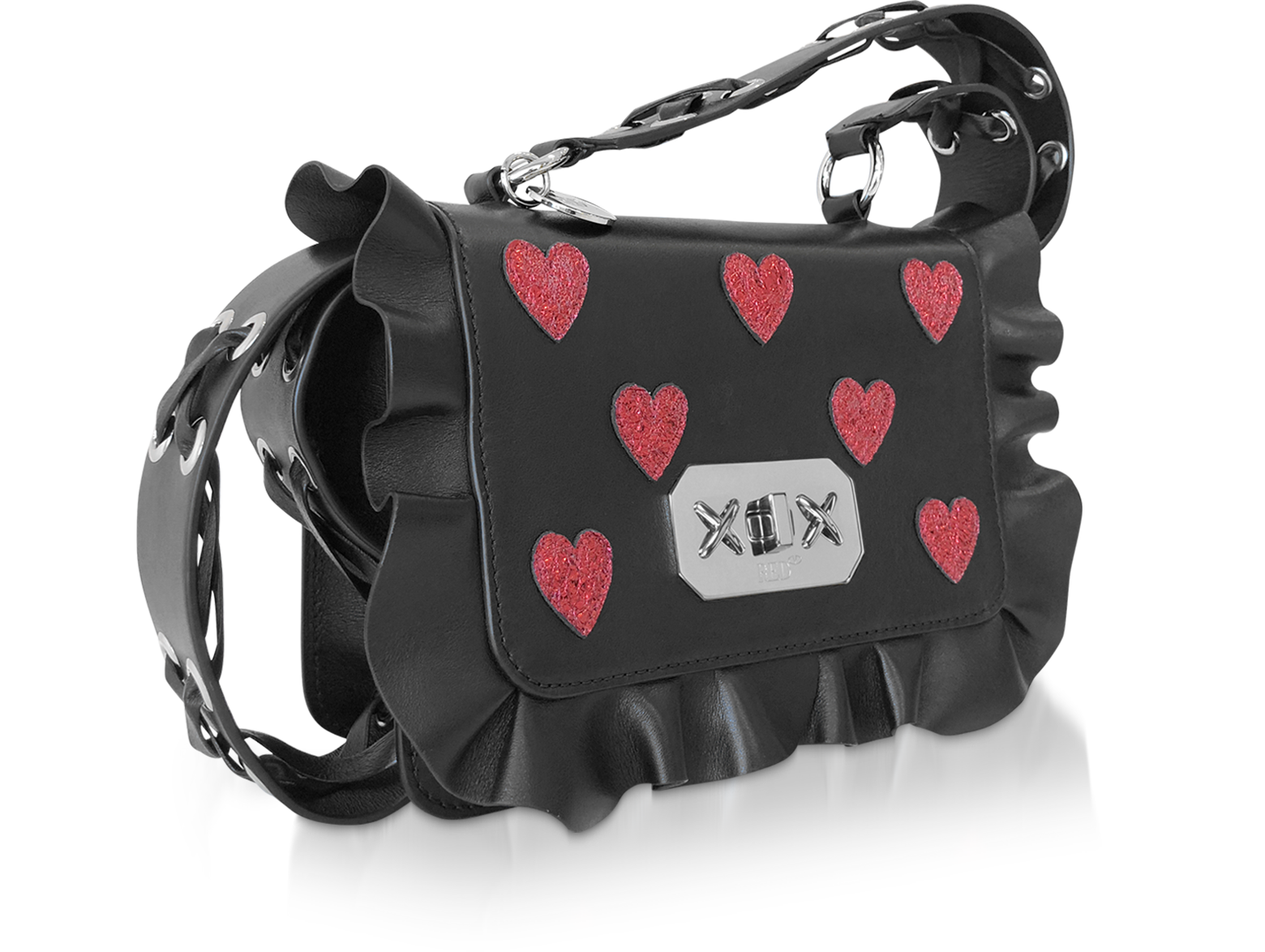 RED Valentino Red Heart Printed Leather Rock Ruffle Bag at