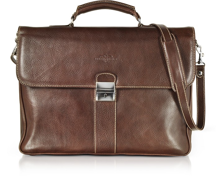 Dark Brown Double Gusset Leather Briefcase - Robe di Firenze