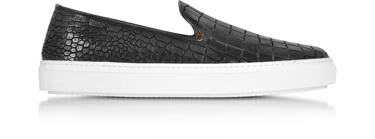 Fratelli Rossetti Black Embossed Croco Leather Slip On Sneaker 8 (8.5 US |  8 UK | 42 EU) at FORZIERI