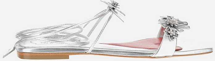 Silver Laminated Leather Lace-Up Flat Sandals - Roger Vivier