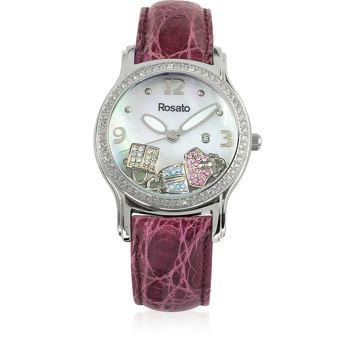 Floating Bag Charms Women's Watch w/Croco Embossed Leather Strap - Rosato