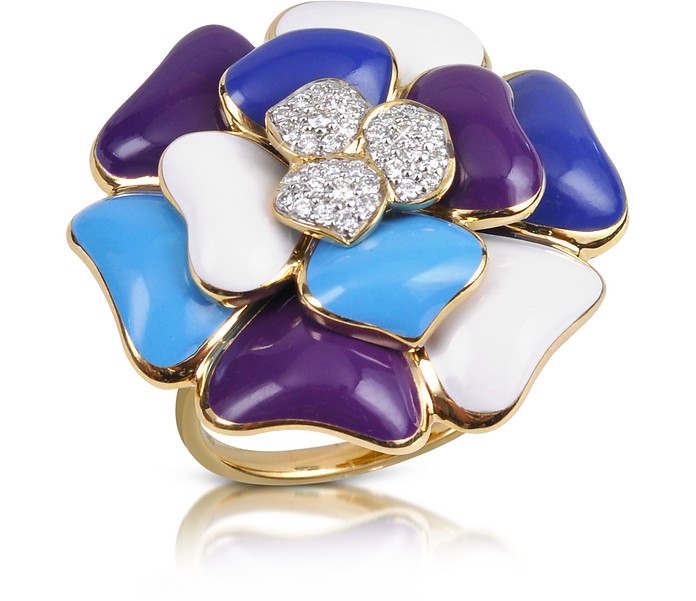 Rose - Diamond and 18K Gold Blue Flower Ring - Rosato