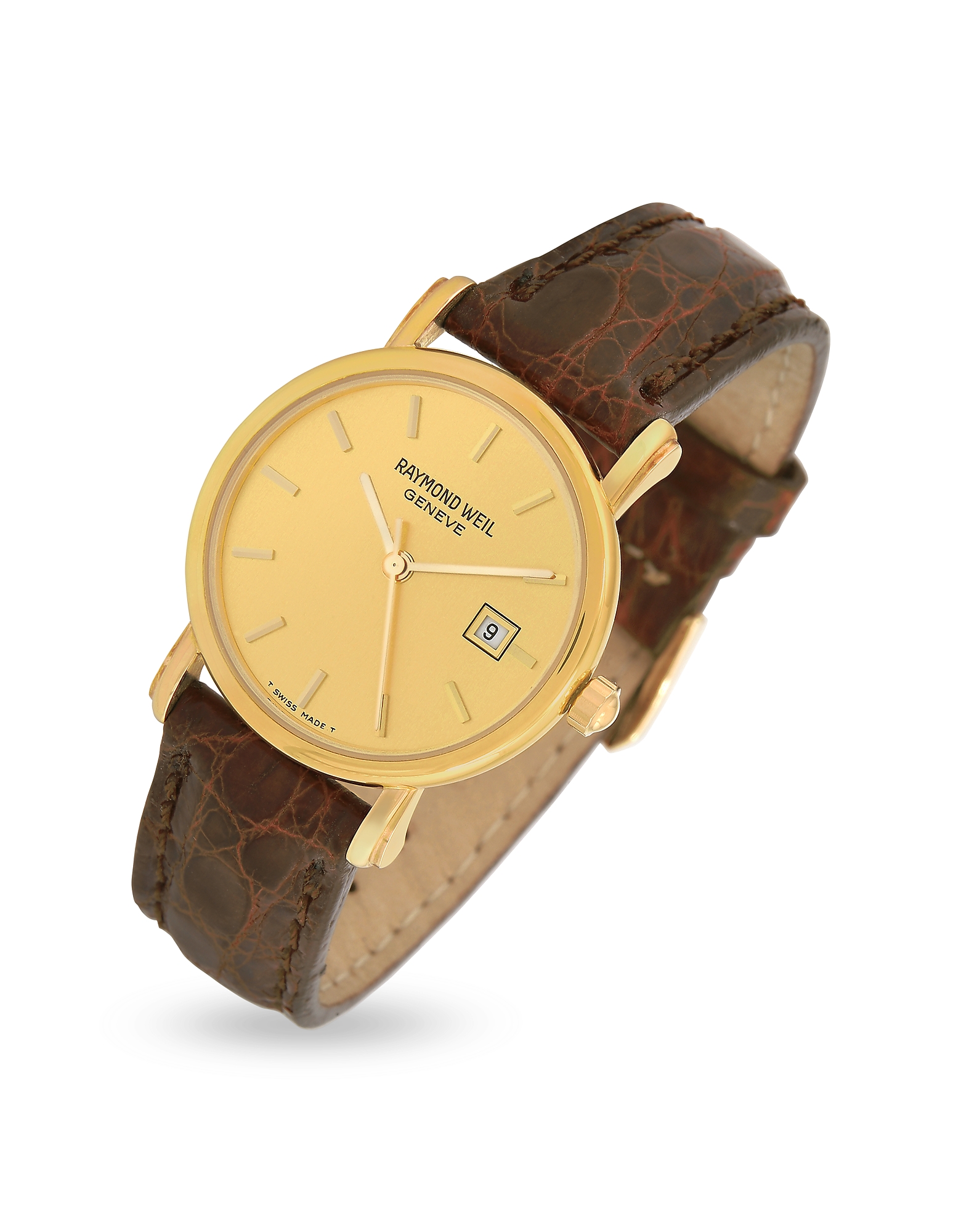 Raymond Weil Designer Women's Watches Brown Croco-stamped Leather Strap 18k Gold Date Dress Watch