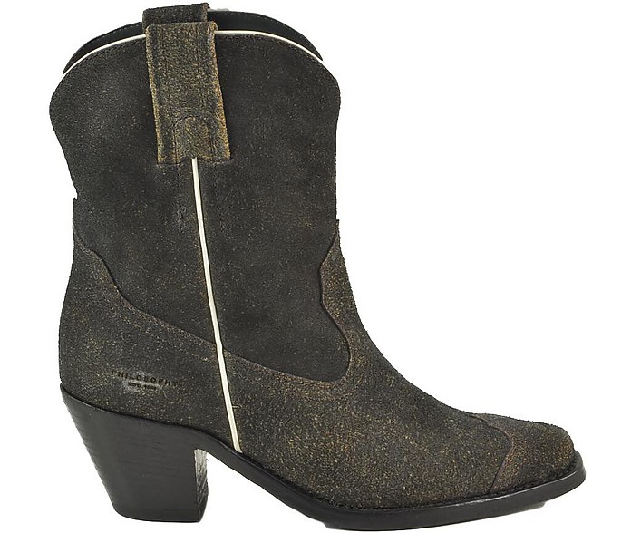 Black Distressed Leather Cowboy Booties - Philosophy by Lorenzo Serafini