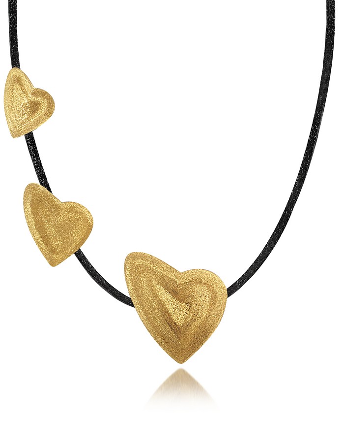 Etched Golden Silver Triple Heart Choker w/ Leather Lace - Stefano Patriarchi