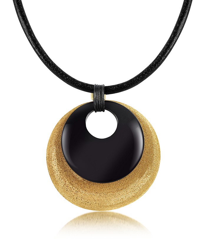 Etched Golden Silver and Onyx Round Pendant w/Leather Lace - Stefano Patriarchi