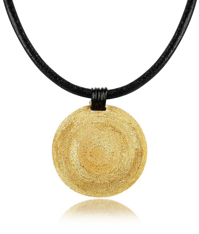 Golden Silver Etched Medium Round Pendant w/Leather Lace  - Stefano Patriarchi