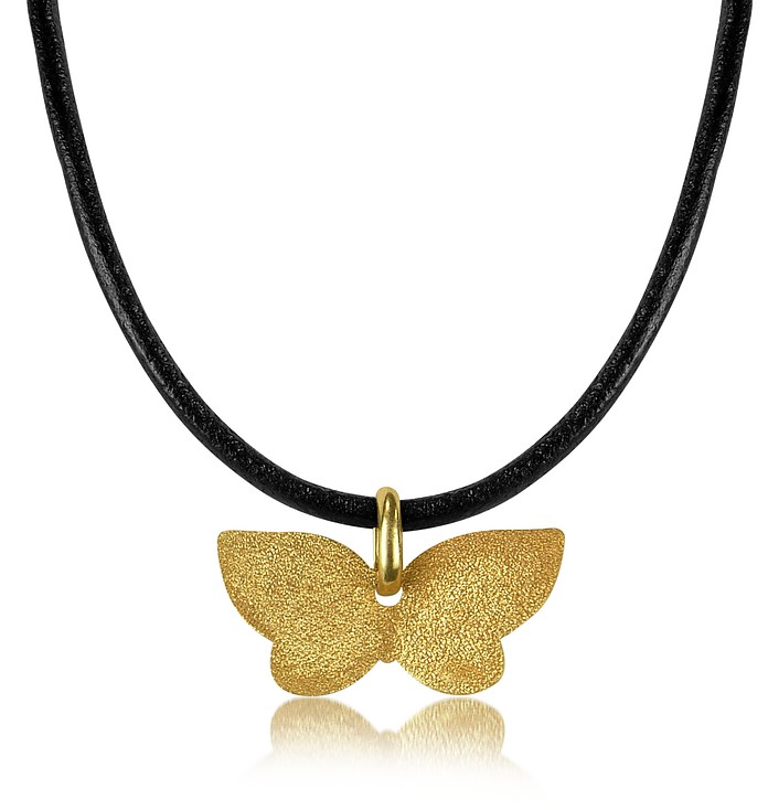 Golden Silver Etched Butterfly Pendant w/Leather Lace  - Stefano Patriarchi