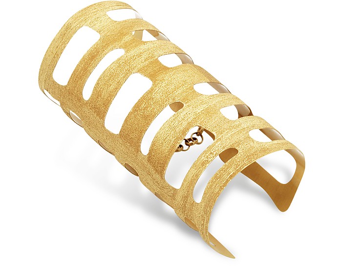 Golden Silver Etched Cut Out Long Cuff Bracelet - Stefano Patriarchi