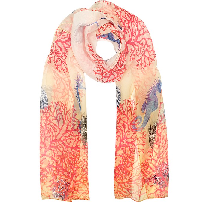 Ivory Coral Reef Printed Chiffon Silk Stole - Mila Schon