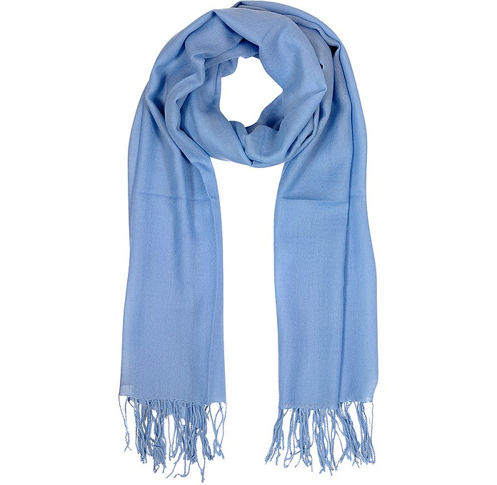 Mila Schon Light Blue Wool and Cashmere Fringed Stole at FORZIERI