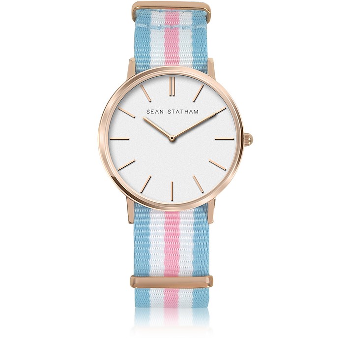 Rose Goldtone Stainless Steel Unisex Quartz Watch w/Light Blue and Pink Striped Canvas Band - Sean Statham