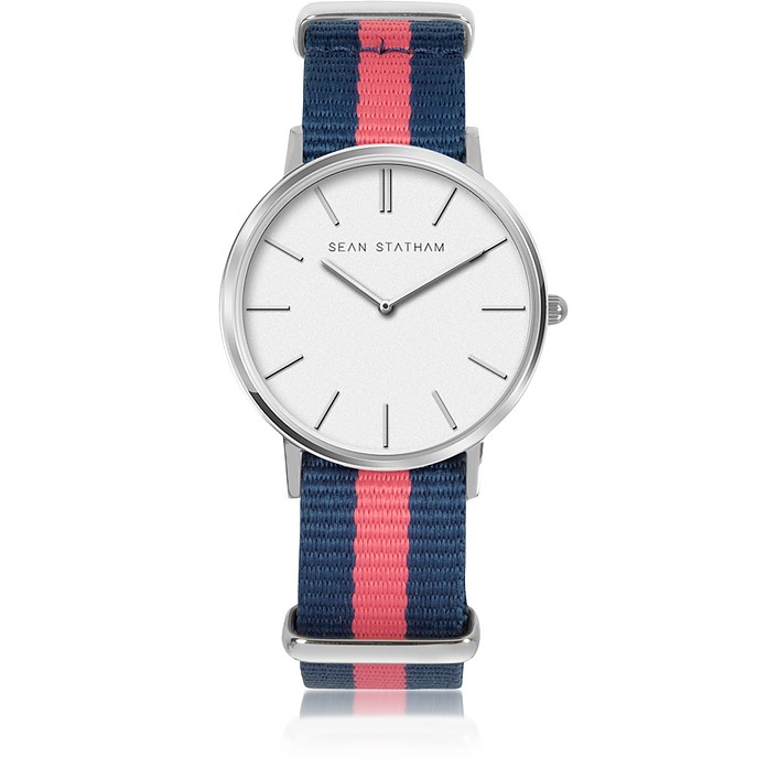 Stainless Steel Unisex Quartz Watch w/Blue and Pink Striped Canvas Band - Sean Statham / V[@XeCT