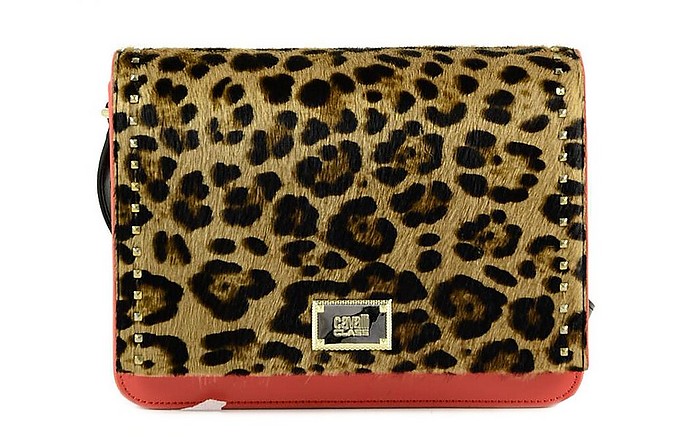 Animal Printed and Red Hair-Calf Leather Shoulder Bag - Class Roberto Cavalli