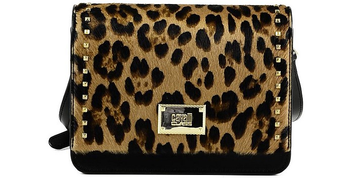 Animal Print Hair Calf and Black Leather Shoulder Bag - Class Roberto Cavalli