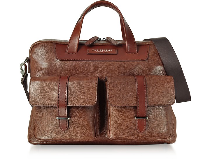 Brown Leather Double Handle Briefcase w/Two Front Pockets - The Bridge