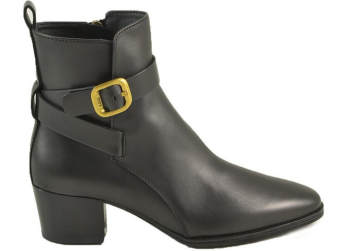 Black Leather Mid-Heel Ankle Boots w/Buckle - Tod's