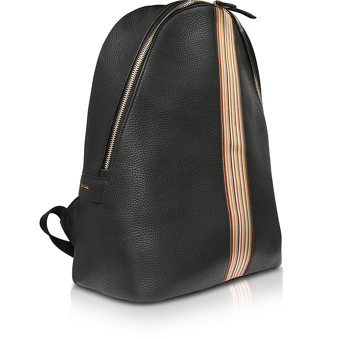 Paul Smith Black Leather New Stripe Print Backpack at FORZIERI