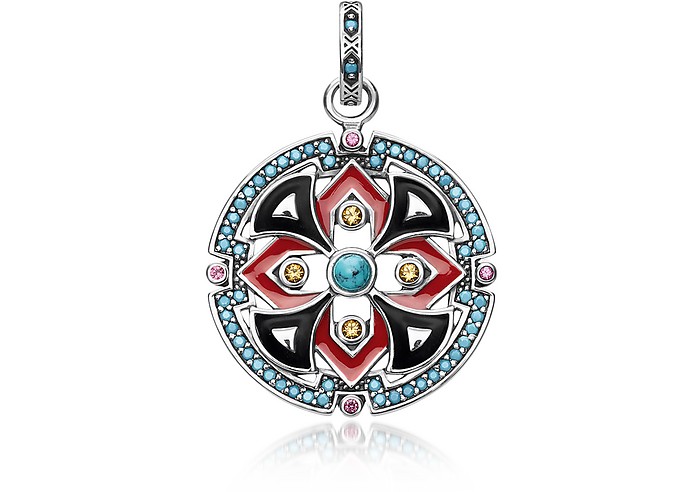 Black and Red Enamelled Sterling Silver Round Pendant w/Synthetic Turquoise and Red Corundum - Thomas Sabo / g[}X T{