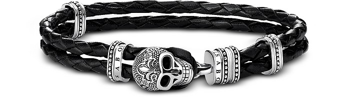 Blackened 925 Sterling Silver and Leather Skull with Lily Double Bracelet - Thomas Sabo