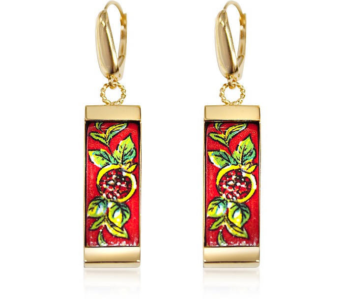 18K Gold Plated Sterling Silver Drop Earrings w/5 cm Ceramic Charm Pendant - Tuscan Jewels