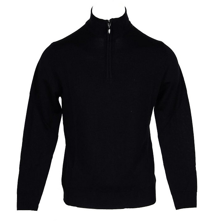 Black Merino Wool Men's Sweater w/Zip Collar - Twelve Style Division   