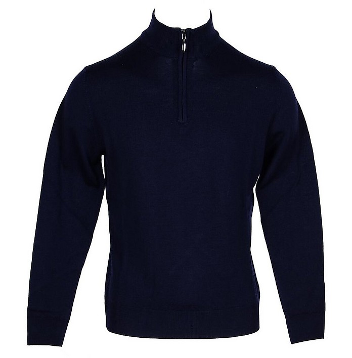 Blue Merino Wool Men's Sweater w/Zip Collar - Twelve Style Division   