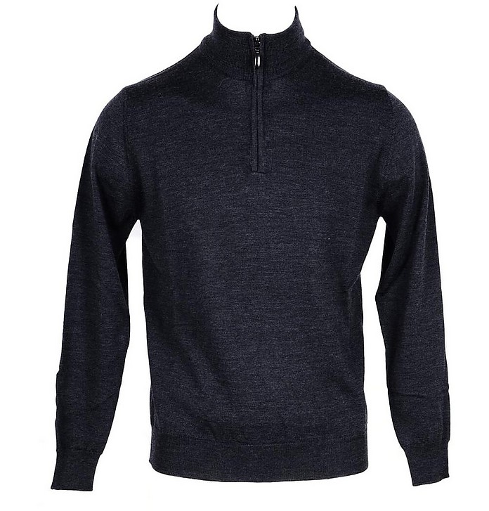 Anthracite Merino Wool Men's Sweater w/Zip Collar - Twelve Style Division   