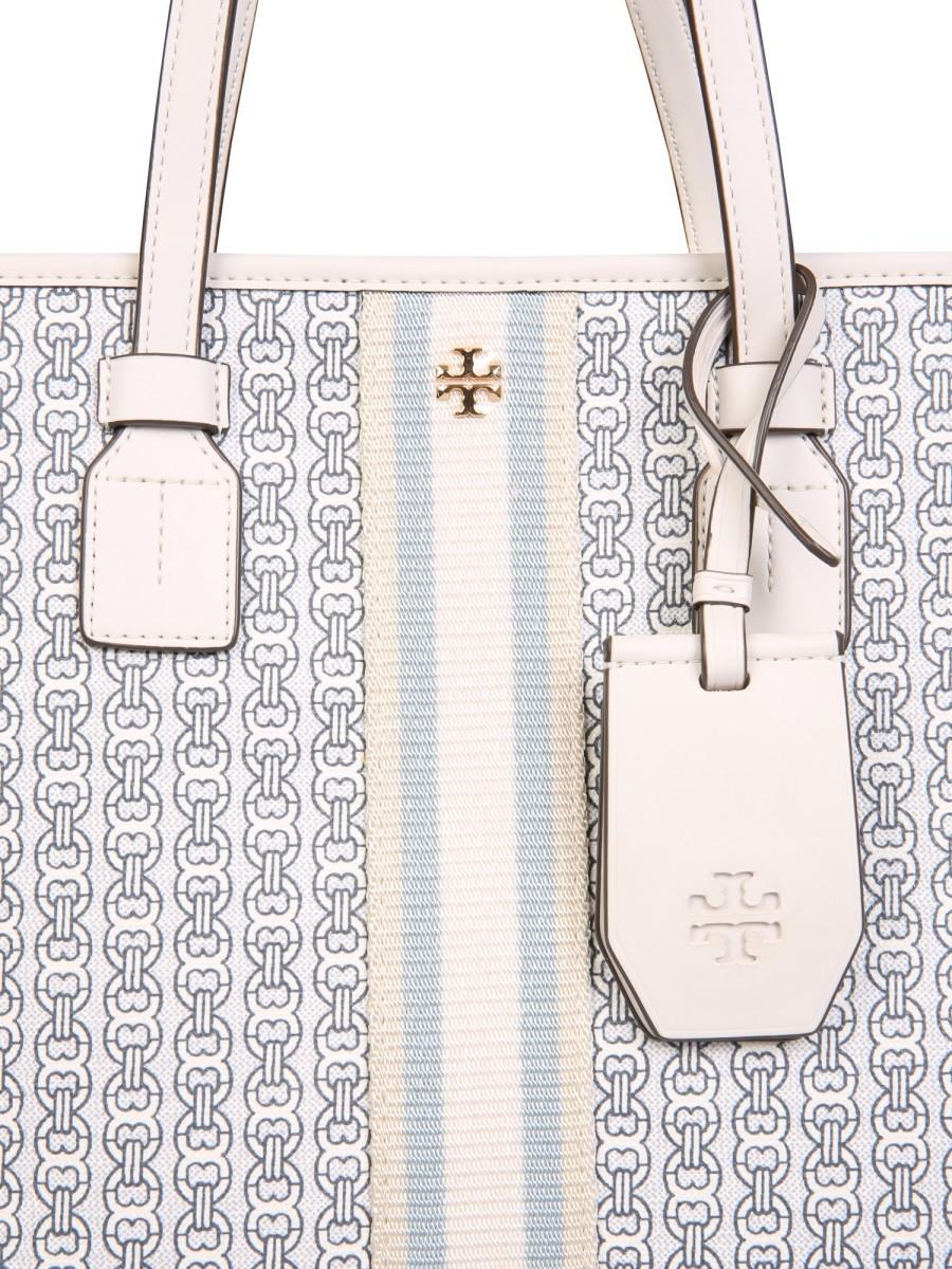 Tory Burch Blue Gemini Link Coated Canvas Small Tote Bag at FORZIERI
