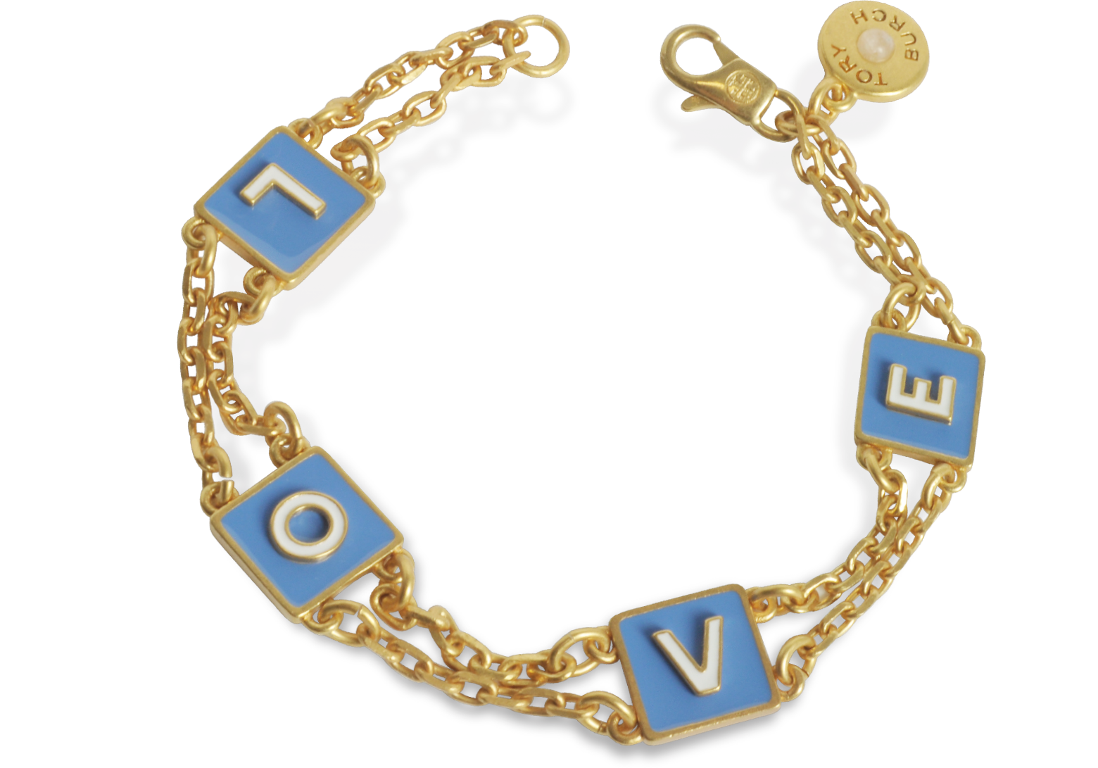 Tory Burch Sunny Blue/New Ivory Enamel and Vintage Gold Brass Message Chain  Bracelet at FORZIERI