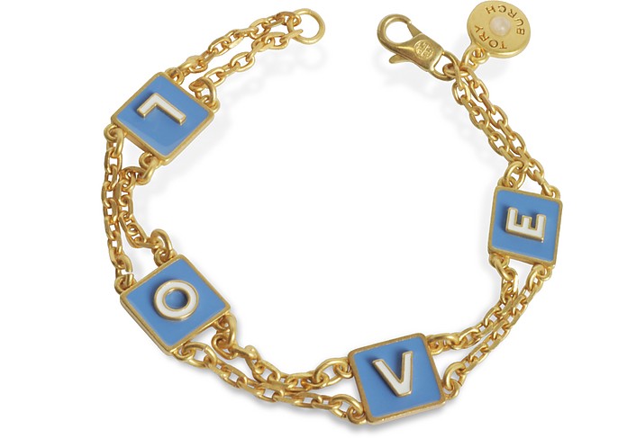 Sunny Blue/New Ivory Enamel and Vintage Gold Brass Message Chain Bracelet - Tory Burch