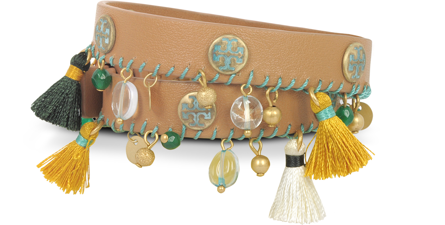 Tory Burch Aged Vachetta Leather and Vintage Gold Brass Tassel Double Wrap  Bracelet at FORZIERI