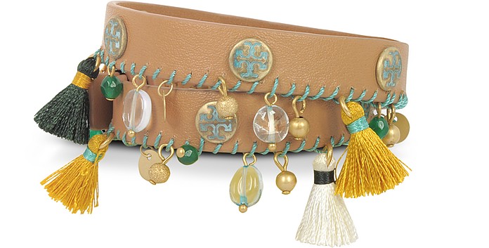 Tory Burch Aged Vachetta Leather and Vintage Gold Brass Tassel Double Wrap  Bracelet at FORZIERI
