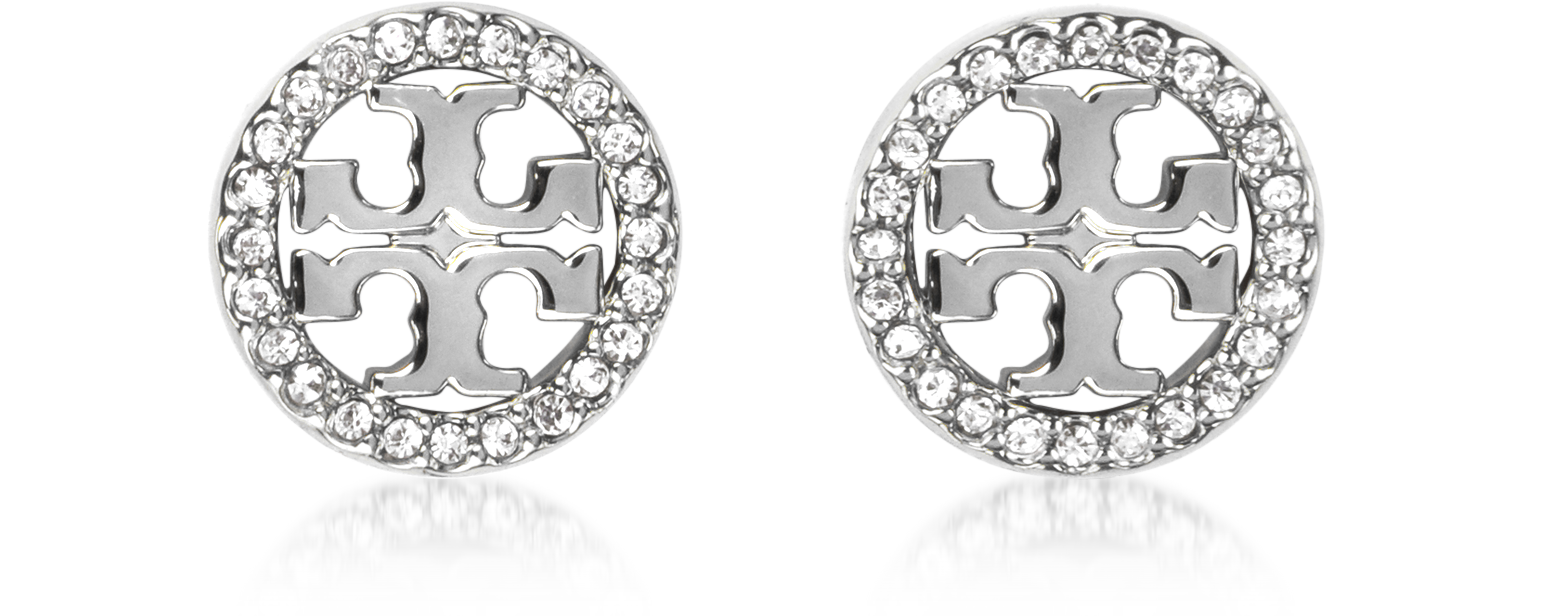 Tory Burch Silver Crystal Logo Circle-Stud Earrings at FORZIERI
