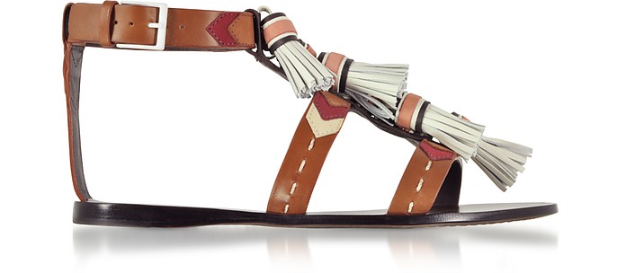 Weaver Multi Tan and Light Almond Leather Flat Sandals w/Tassels - Tory Burch