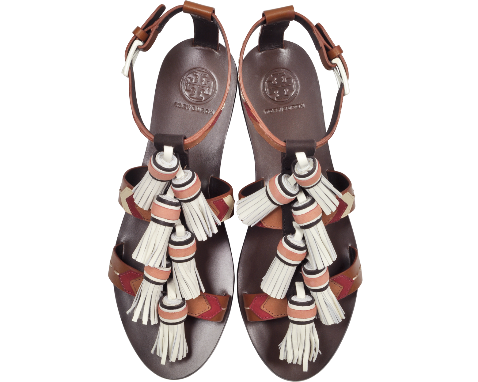 Tory Burch Weaver Multi Tan and Light Almond Leather Flat Sandals