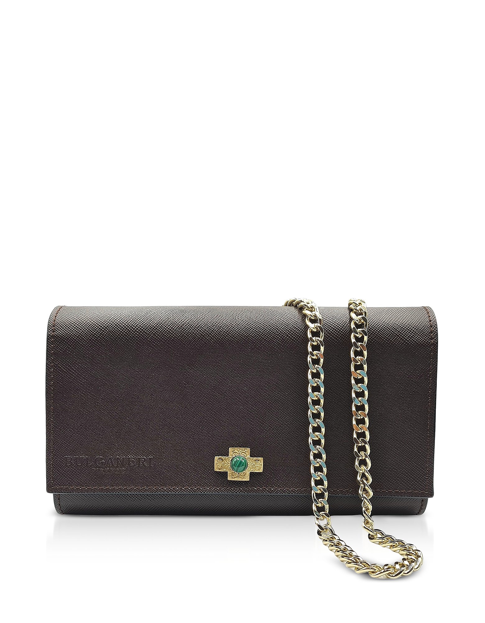 Bulganeri Designer Handbags Saffiano Dark Brown Leather Wallet Bag W/bronze Cross And Chain In Marron