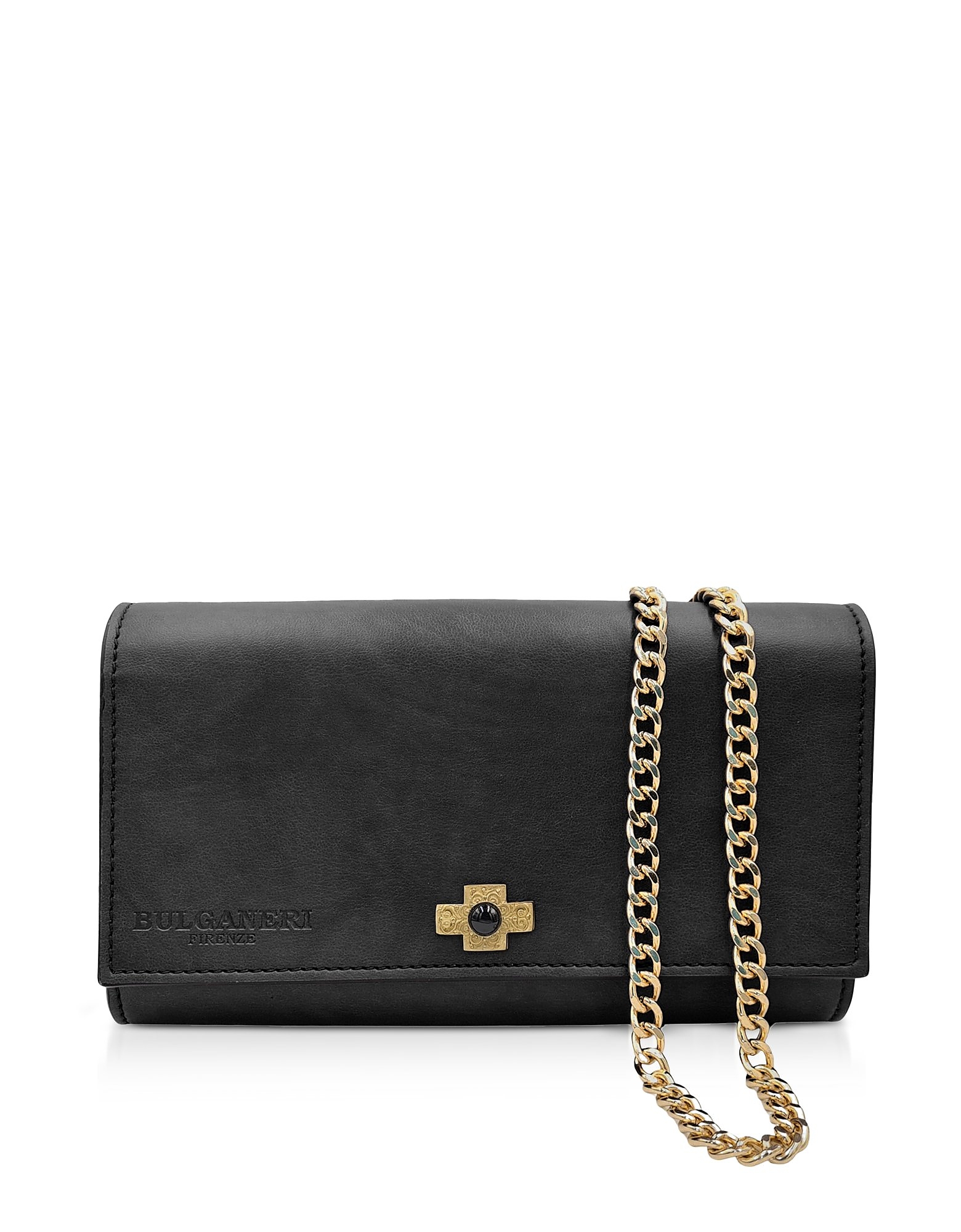 Bulganeri Designer Handbags Black Leather Wallet Bag W/bronze Cross And Chain In Noir