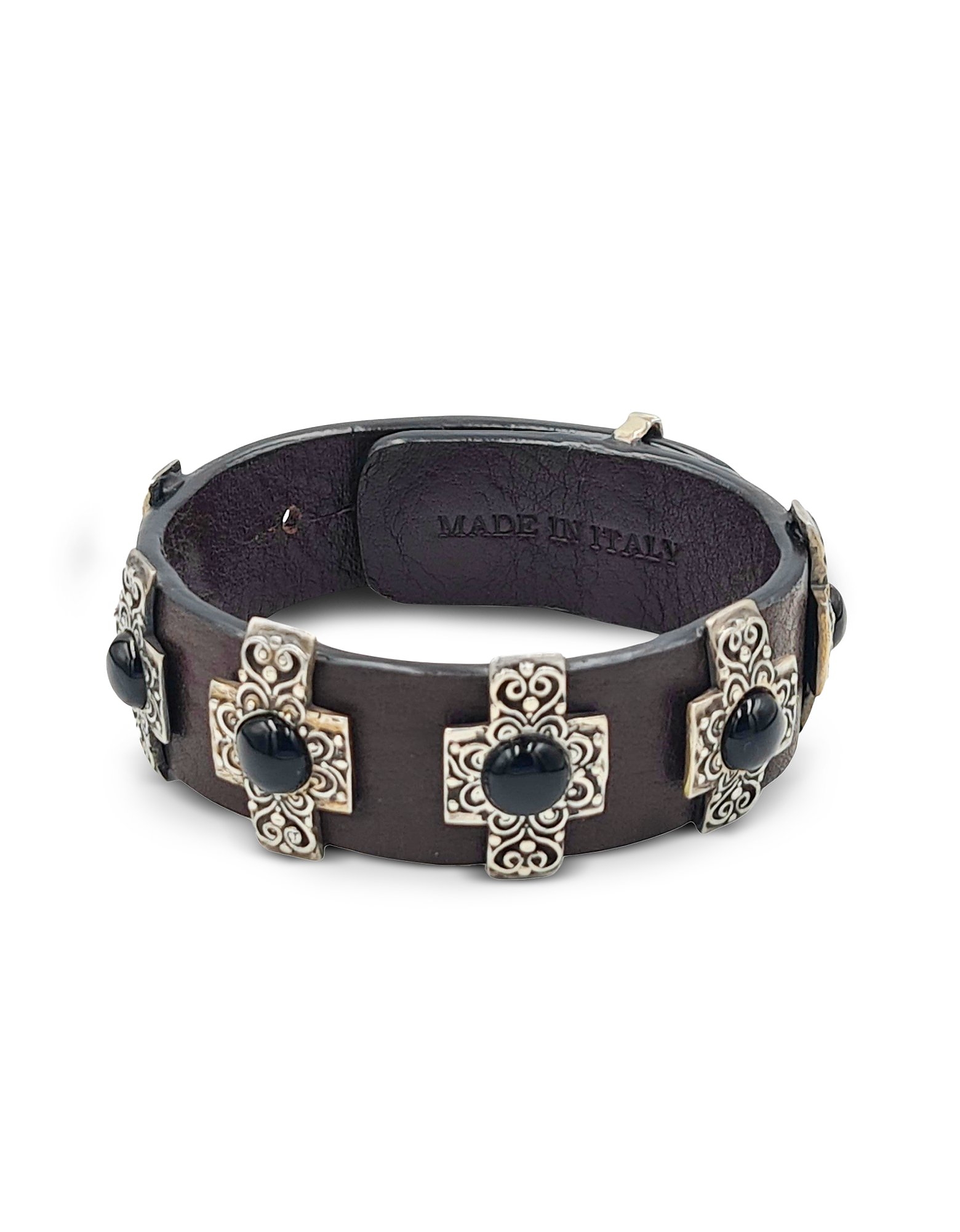 Bulganeri Designer Bracelets Onyx, Sterling Silver And Leather Bracelet In Marron