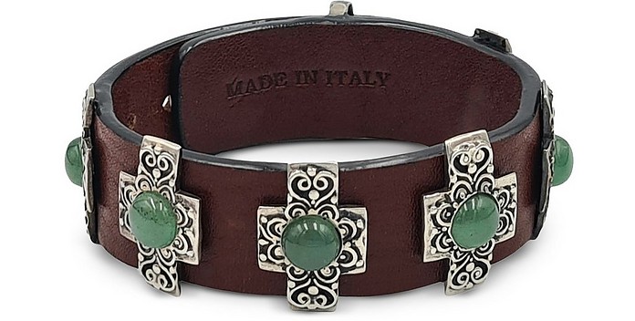 Agate Stone, Sterling Silver and Red Leather Bracelet - Bulganeri