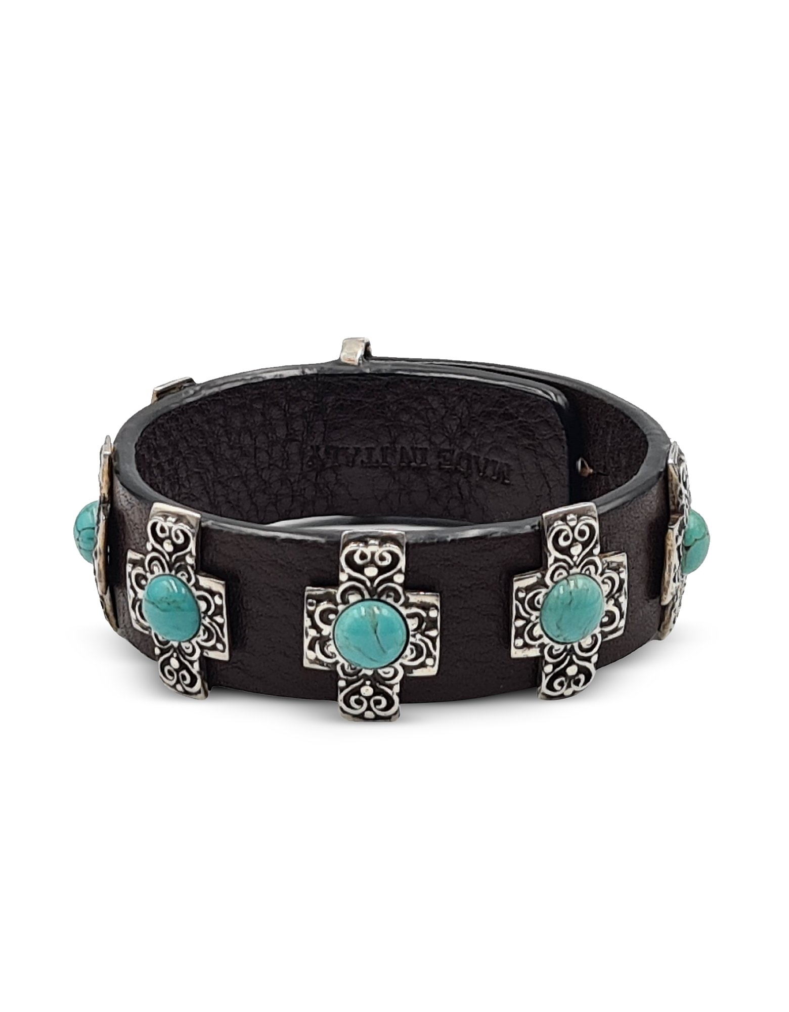 Bulganeri Designer Bracelets Turquoise Stone, Sterling Silver And Brown Leather Bracelet In Marron
