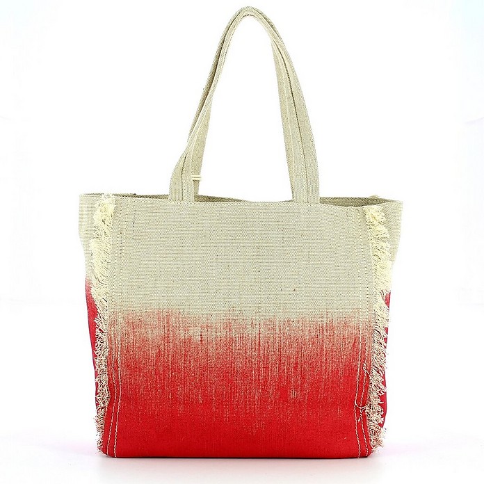 Beige and Red Fabric Tote Bag
