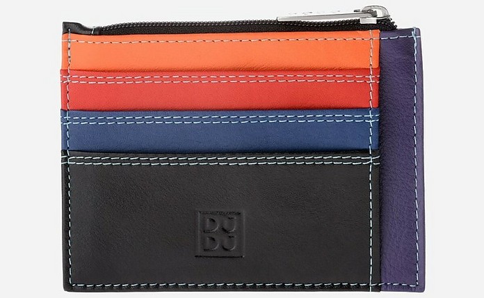 Black/Multi Leather Credit Card Holder w/Zip Pocket - Dudubags
